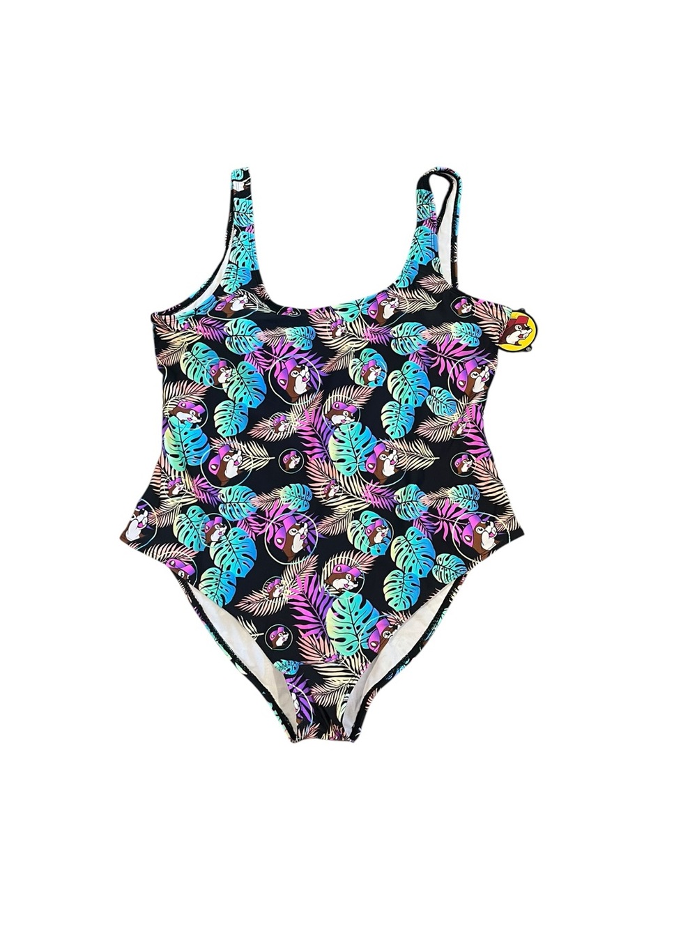 Buc-ee’s One Piece Swimsuit Black Neon Palm Leaf Monstera Print Plus 2X Logo NWT